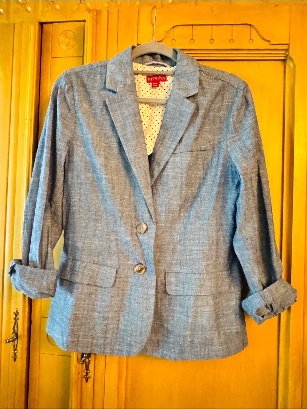 Merona Women’s Blue Chambray Blazer Jacket Medium 100% Cotton NWOT